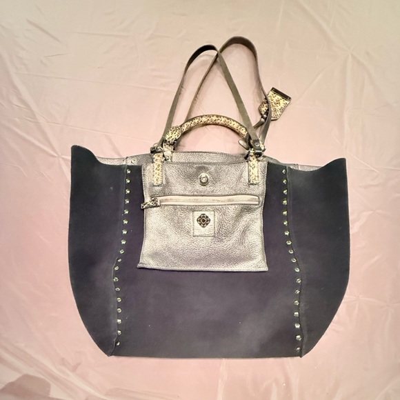 Rafe Silver/Black Metallic Leather Large Tote Bag w/ Snakeskin & Studs $498 - Picture 5 of 15
